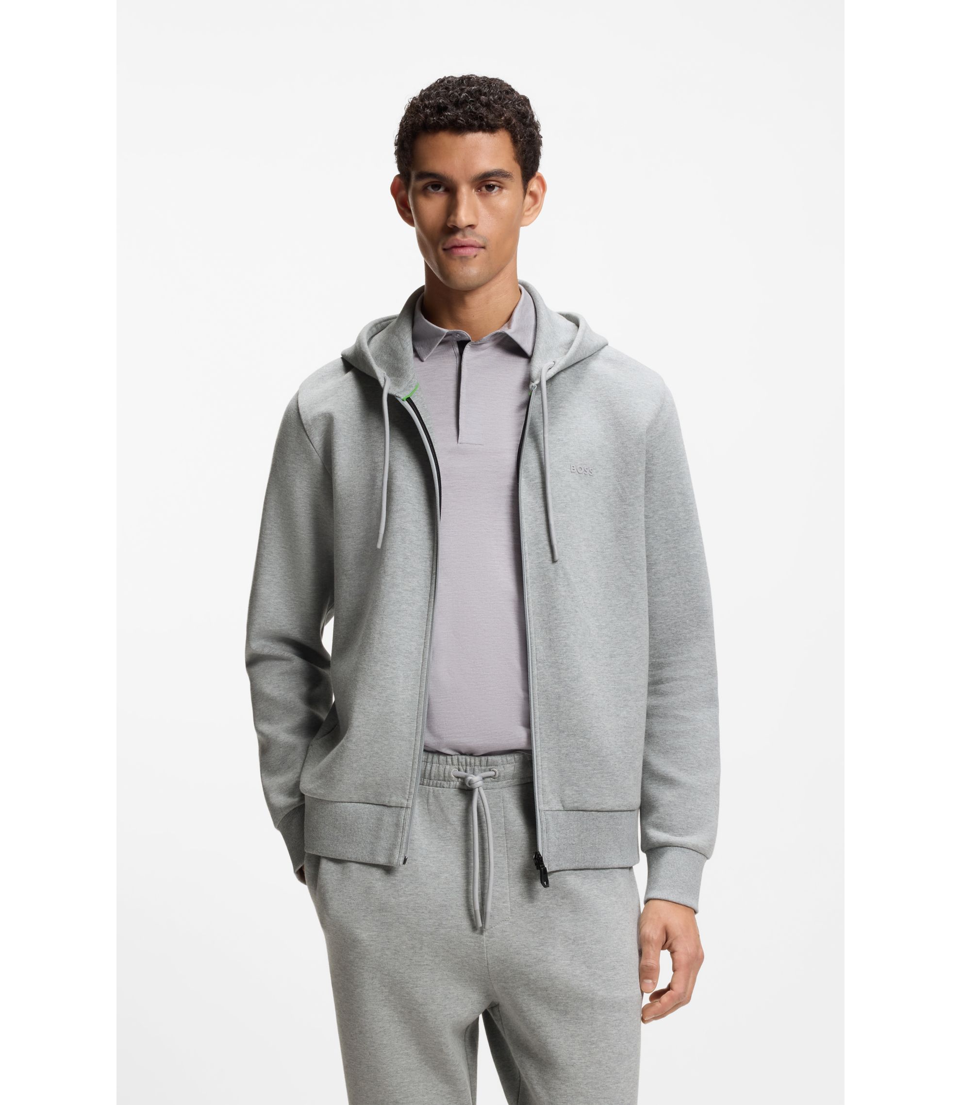 Kapuzenjacke aus Stretch-Baumwolle mit Reißverschluss und Logo-Detail