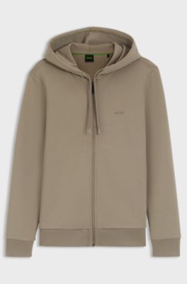 Zip-up hoodie in stretch cotton with logo detail, Light Brown