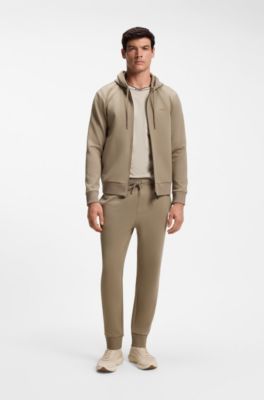 Zip-up hoodie in stretch cotton with logo detail, Light Brown