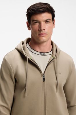 Zip-up hoodie in stretch cotton with logo detail, Light Brown