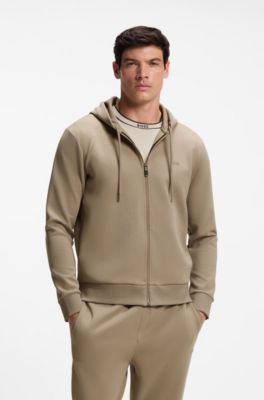 Zip-up hoodie in stretch cotton with logo detail, Light Brown