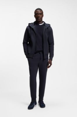 Zip-up hoodie in stretch cotton with logo detail, Dark Blue