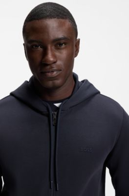 Zip-up hoodie in stretch cotton with logo detail, Dark Blue