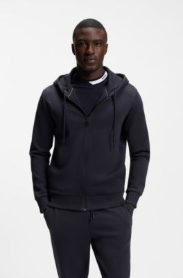 Zip-up hoodie in stretch cotton with logo detail, Dark Blue