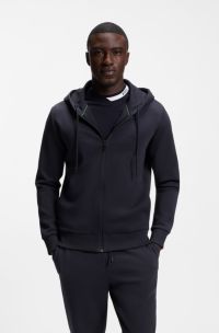 Zip-up hoodie in stretch cotton with logo detail, Dark Blue