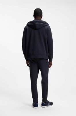 Zip-up hoodie in stretch cotton with logo detail, Dark Blue