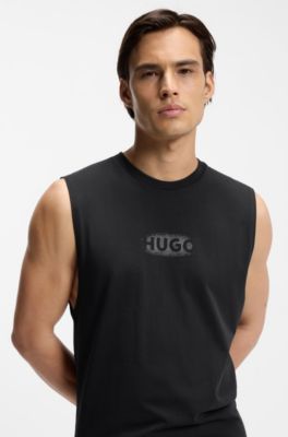 Camiseta sin mangas de punto de algod&oacute;n con logo estampado, Negro