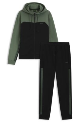 Two-piece tracksuit in stretch cotton with tape trims, Black / Green