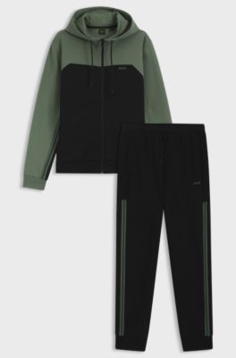 Two-piece tracksuit in stretch cotton with tape trims, Black / Green