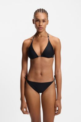 Top bikini a triangolo con lacci con logo, Nero