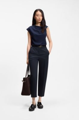 Tapered-fit cropped trousers in stretch cotton, Dark Blue