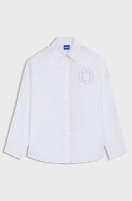 Oversized-fit blouse with rhinestone Happy HUGO logo, White