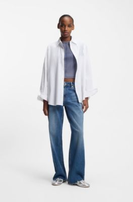 Oversized-fit blouse with rhinestone Happy HUGO logo, White
