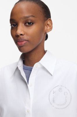 Oversized-fit blouse with rhinestone Happy HUGO logo, White