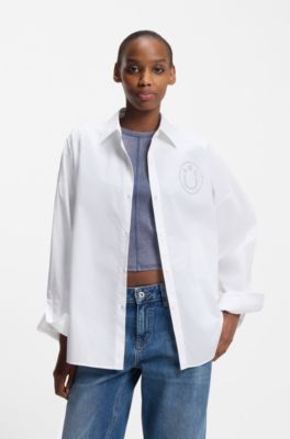 Oversized-fit blouse with rhinestone Happy HUGO logo, White