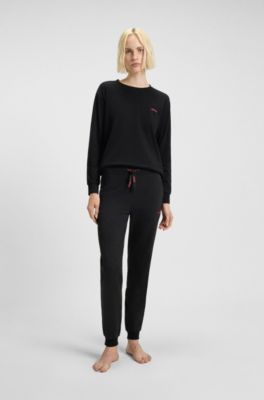 Stretch-cotton pyjama top with logo print, Black