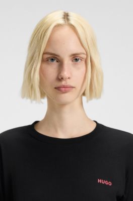 Stretch-cotton pyjama top with logo print, Black