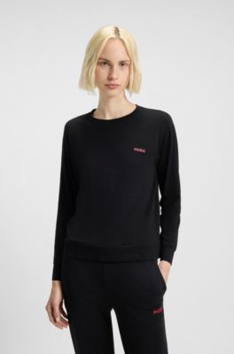 Stretch-cotton pyjama top with logo print, Black