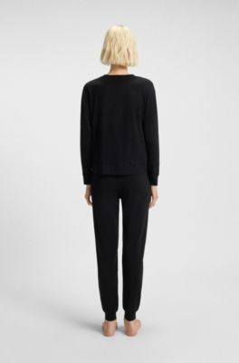 Stretch-cotton pyjama top with logo print, Black
