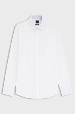 Camicia slim fit in popeline di cotone elasticizzato facile da stirare, Bianco