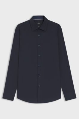 Camicia slim fit in popeline di cotone elasticizzato facile da stirare, Blu scuro