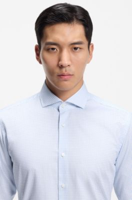 Slim-fit shirt in easy-iron checked stretch cotton, Light Blue checks