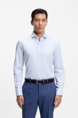 Camicia slim fit a quadri in cotone elasticizzato facile da stirare, Quadri azzurri
