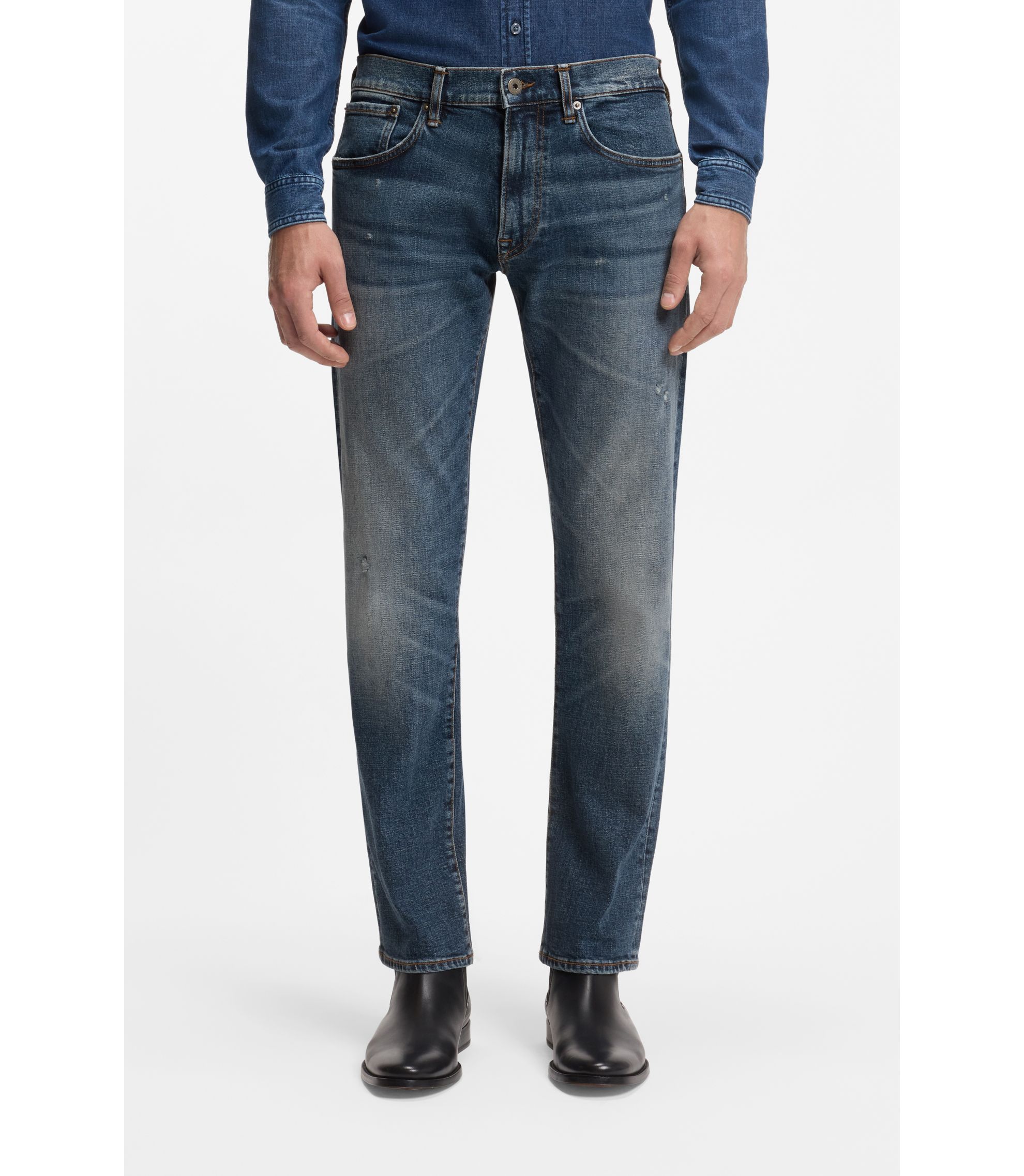 BECKHAM x BOSS Slim-Fit Jeans aus blauem Stretch-Denim