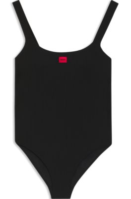 Ribbed swimsuit with red logo label, Black