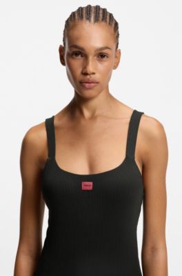 Ribbed swimsuit with red logo label, Black
