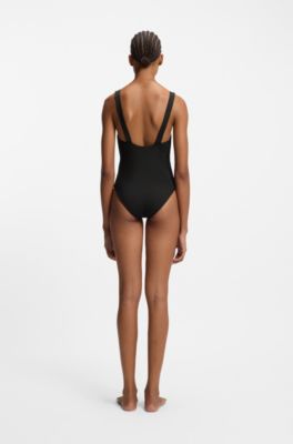 Ribbed swimsuit with red logo label, Black