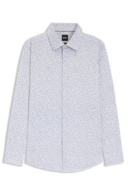 Slim-fit shirt in printed stretch cotton, Blue Patterned