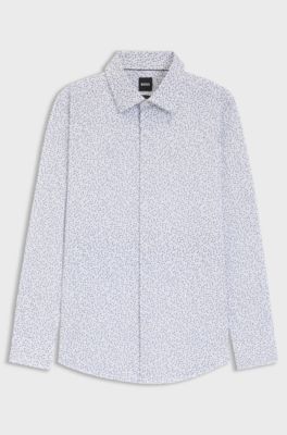 Slim-fit shirt in printed stretch cotton, Blue Patterned