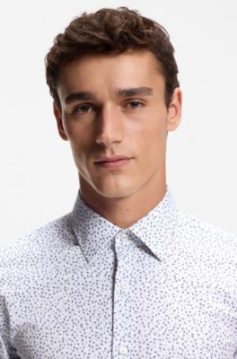 Slim-fit shirt in printed stretch cotton, Blue Patterned