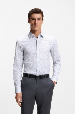 Slim-fit shirt in printed stretch cotton, Blue Patterned