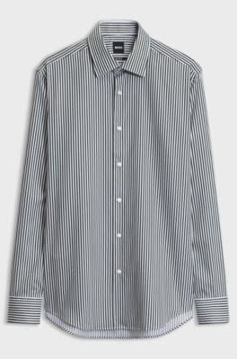 Regular-fit shirt in striped easy-iron cotton, Green Stripes