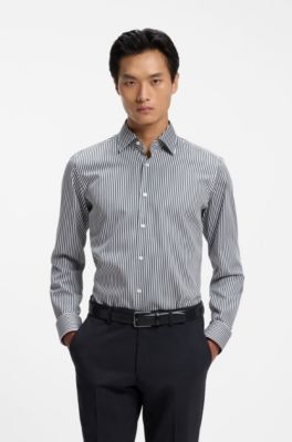 Regular-fit shirt in striped easy-iron cotton, Green Stripes