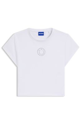Cropped stretch-cotton T-shirt with rhinestone Happy HUGO logo, White