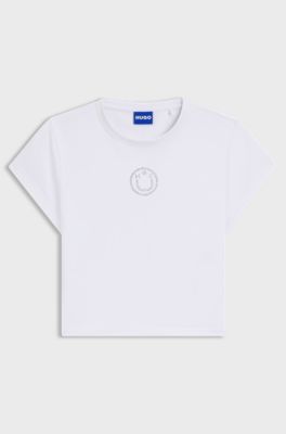 Cropped stretch-cotton T-shirt with rhinestone Happy HUGO logo, White