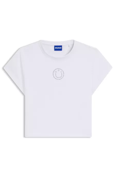 Cropped stretch-cotton T-shirt with rhinestone Happy HUGO logo