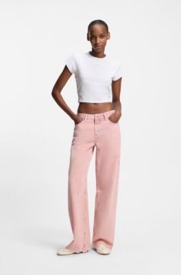 Cropped stretch-cotton T-shirt with rhinestone Happy HUGO logo, White