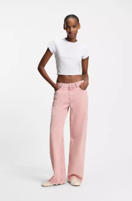 Cropped stretch-cotton T-shirt with rhinestone Happy HUGO logo