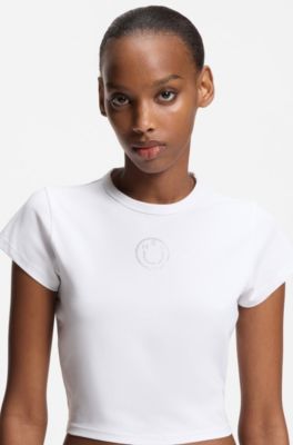 Cropped stretch-cotton T-shirt with rhinestone Happy HUGO logo, White