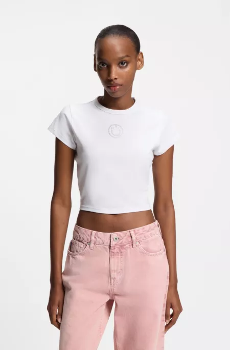 Cropped stretch-cotton T-shirt with rhinestone Happy HUGO logo