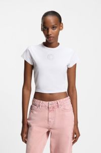 Cropped stretch-cotton T-shirt with rhinestone Happy HUGO logo, White