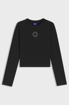 Stretch-cotton top with rhinestone Happy HUGO logo, Black