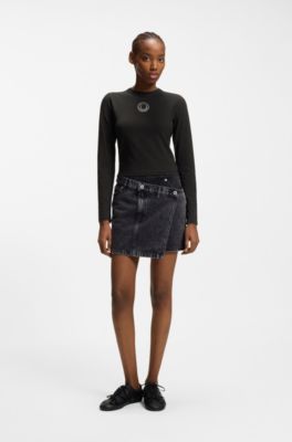 Stretch-cotton top with rhinestone Happy HUGO logo, Black