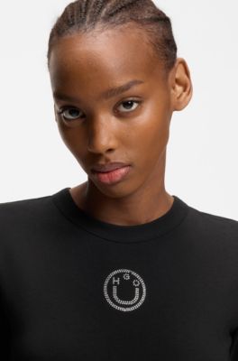 Stretch-cotton top with rhinestone Happy HUGO logo, Black