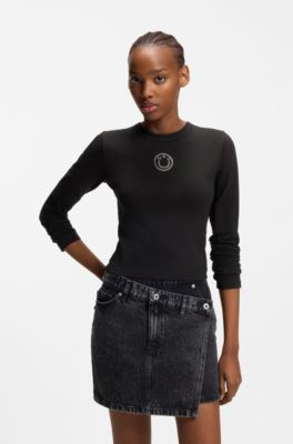 Stretch-cotton top with rhinestone Happy HUGO logo, Black
