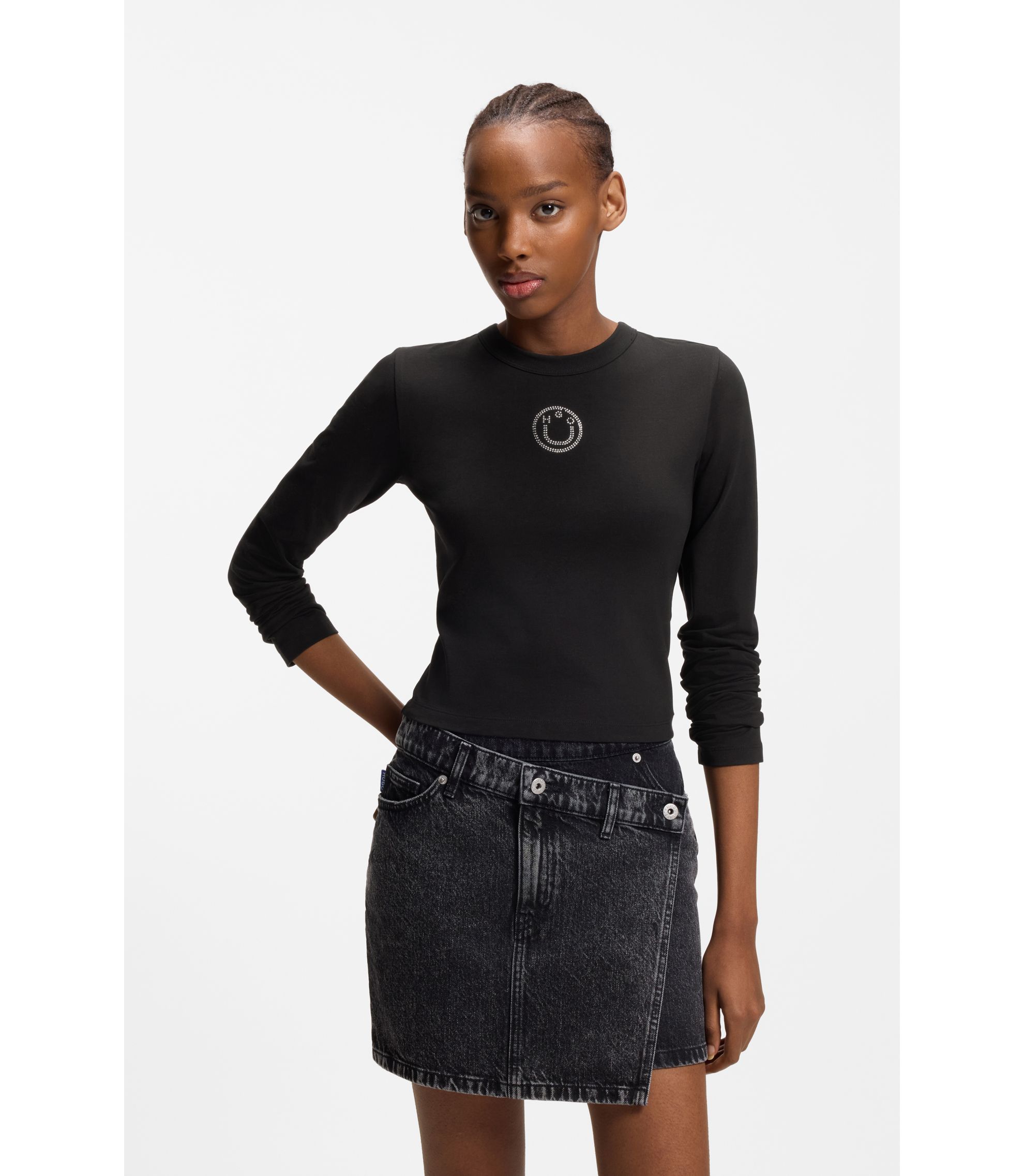 Stretch-Top aus Baumwolle mit Happy HUGO Logo und Strasssteinen